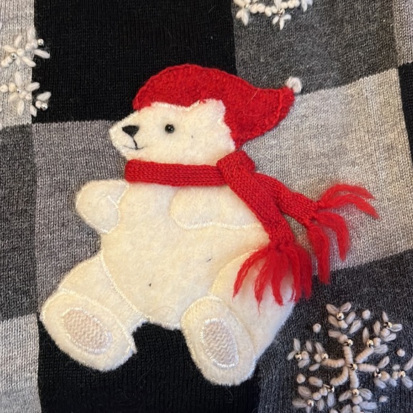 Black/gray checked Christmas cardigan with cute polar bears sporting red scarves - Picture 7 of 10